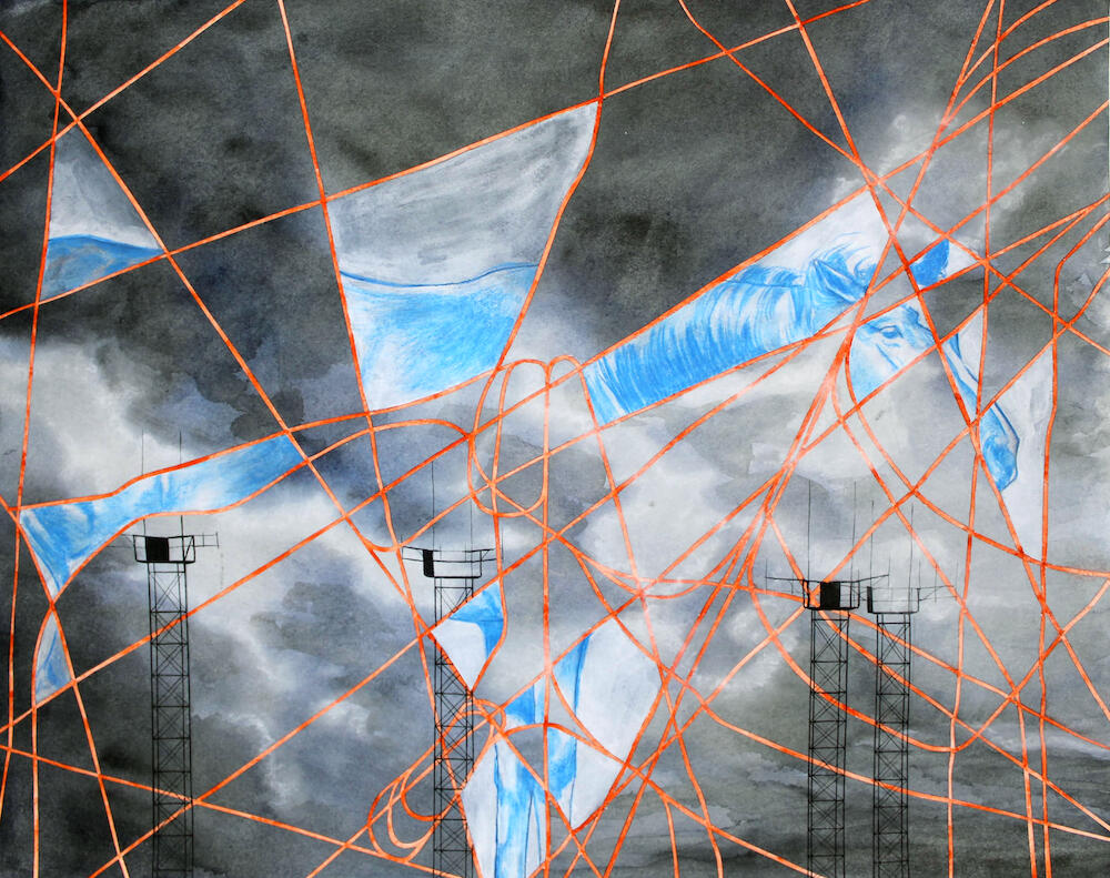 Instrument Approach, watercolor, acrylic, colored pencil, and ink on cut paper, 12” x 16”, 2026